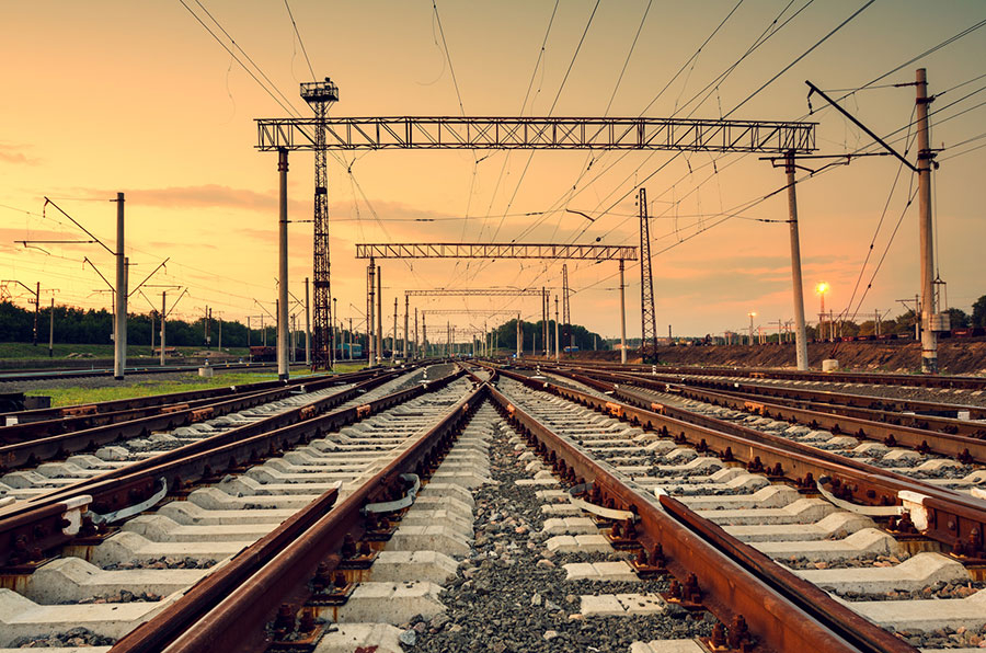 Cargo train platform at sunset